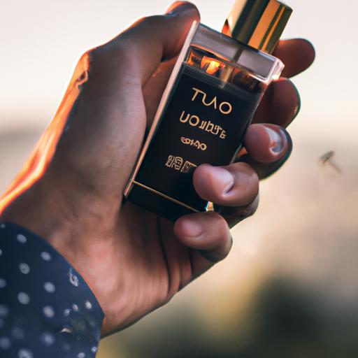 Một người đang cầm chai nước hoa Tom Ford Tobacco Vanille, hương thơm tràn ngập không khí khi họ xịt nó lên cổ tay.