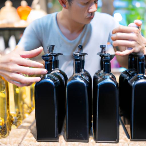 Người đàn ông đang lựa chọn giữa những chai nước hoa black khác nhau để tìm kiếm mùi hương phù hợp nhất