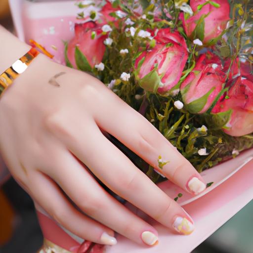 Một người đang đeo nước hoa Rose 31 trên cổ tay và cầm một bó hoa hồng.