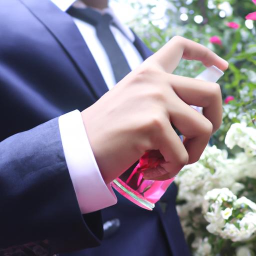 Người mặc suit và cà vạt xịt nước hoa sauvage lên cổ tay.