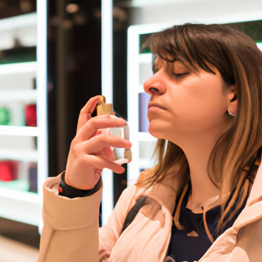 Một người phụ nữ đang ngửi chai nước hoa nhập khẩu trong một cửa hàng bán lẻ sang trọng