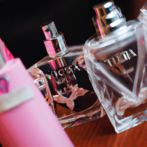 Gần cảnh các chai nước hoa Victoria's Secret khác nhau trên bàn