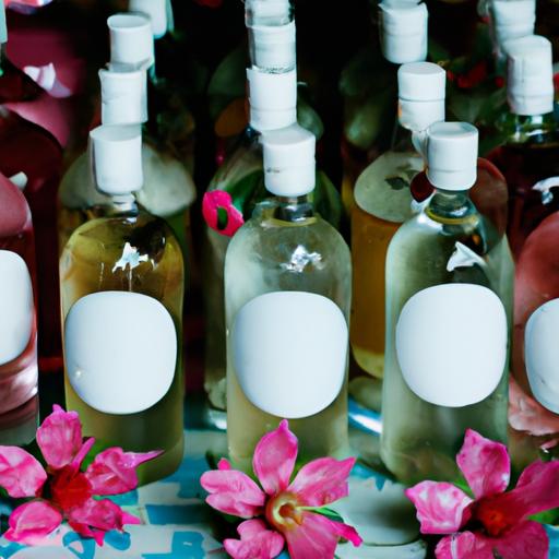 Hình ảnh chụp từ gần về các loại chai nước hoa và hoa được sử dụng trong nghi lễ