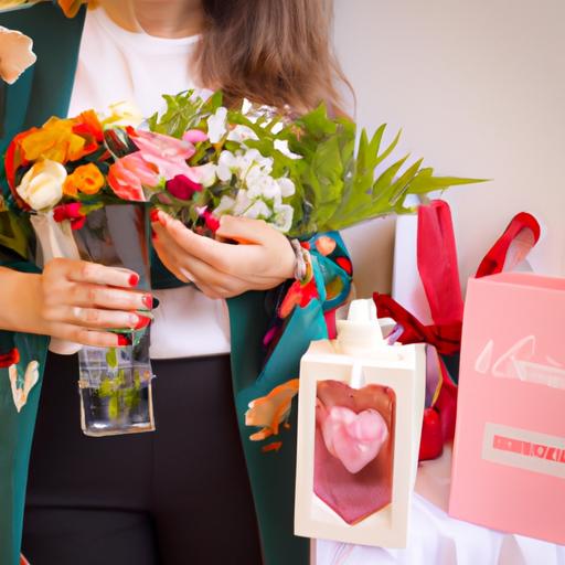 Một người phụ nữ cầm một bó hoa và một hộp nước hoa Valentino.