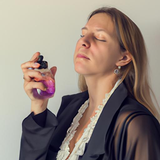 Một người phụ nữ đang cầm chai nước hoa Charme Elegant và ngửi mùi hương với mắt nhắm lại.