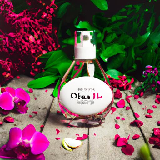Chiếc chai nước hoa charme queen 100ml được đặt trên bàn gỗ bao quanh bởi những bông hoa.