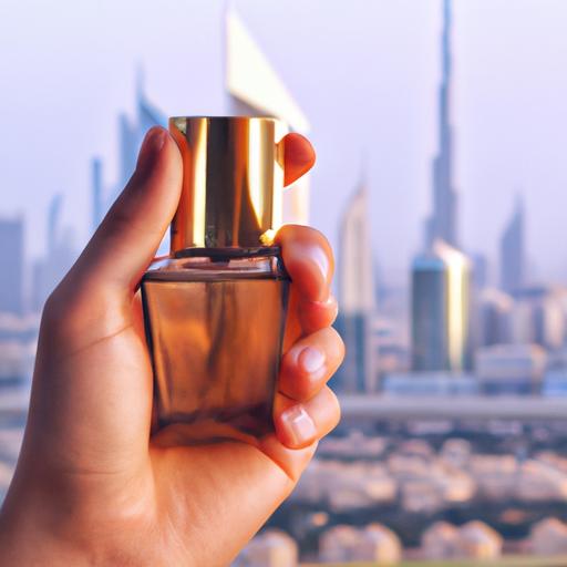 Nước hoa Dubai Đại Bàng được cầm trên tay, phía sau là tầm nhìn toàn cảnh thành phố