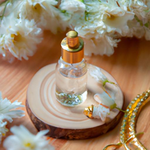 Gần cận về chai nước hoa lure her trên bàn gỗ với hoa