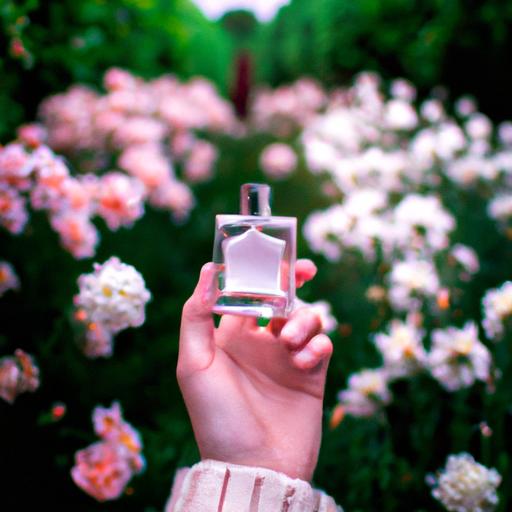 Một người phụ nữ cầm chai nước hoa Dior với khu vườn hoa đầy màu sắc phía sau.