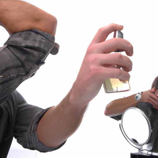 Một người đàn ông phun nước hoa Diesel lên cổ tay trong khi nhìn vào gương.