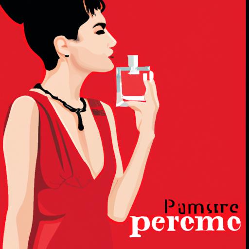 Poster quảng cáo nước hoa với hình ảnh người phụ nữ thanh lịch mặc váy đỏ và cầm chai nước hoa.