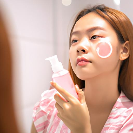 Một phụ nữ đang sử dụng nước hoa hồng Mamonde Diếp Cá trên khuôn mặt khi nhìn vào gương.