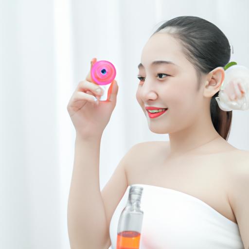 Cô gái đang sử dụng toner nước hoa hồng cho da mặt của mình