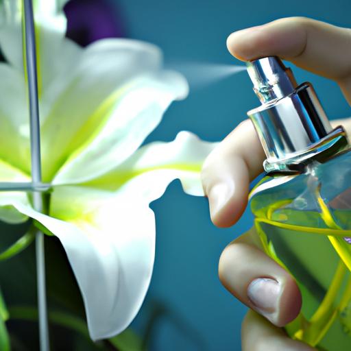 Tay sử dụng ống chiết nước hoa để phun nước hoa lên hoa.