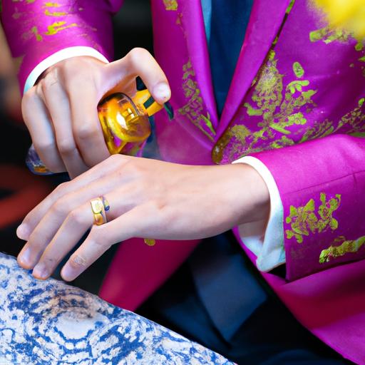 Người mặc trang phục lịch thiệp xịt nước hoa Royal lên cổ tay